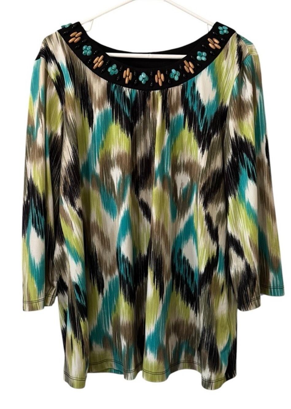 Ruby Rd Women Size Large Embellished Tunic Top 3/4 Sleeve Stretch Beaded Classic